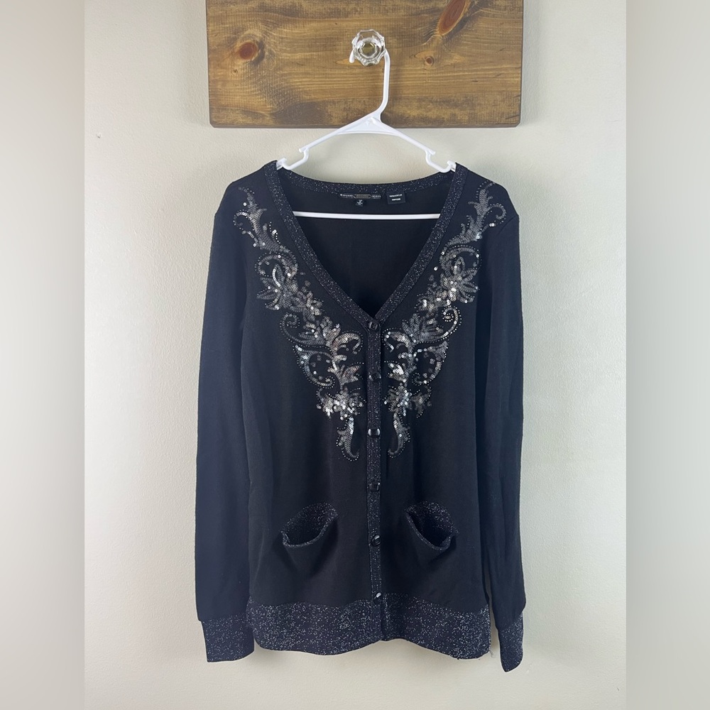 Miss Me Small Embellish / Bead / Sequin Button Down Sweater Black Sparkles